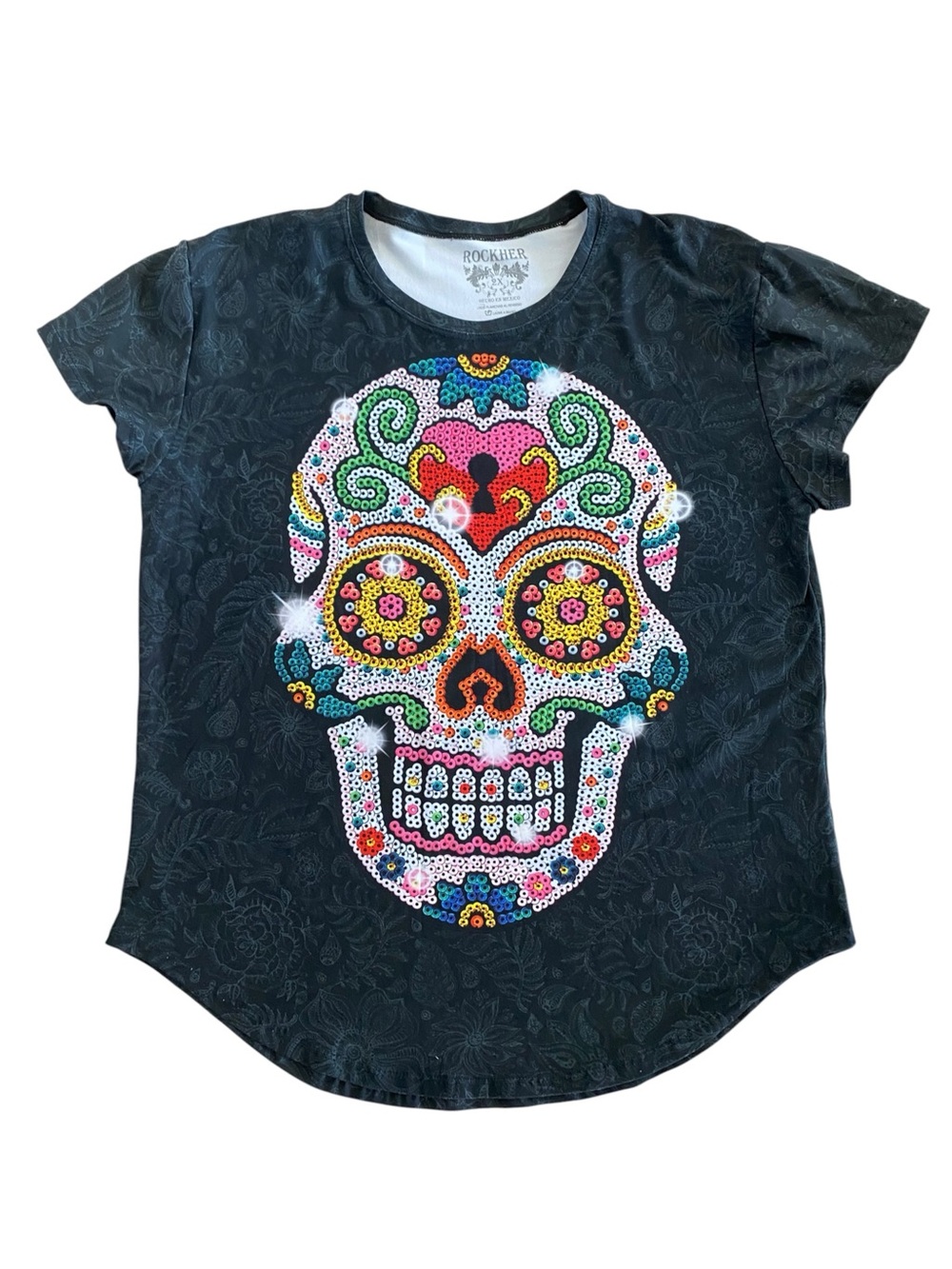 Black Short Sleeve Tee with Multicolor Sugar Skull Size 2X